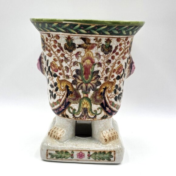 VTG Footed Planter Lion Faces Floral Vase Crackle Crazing Effect Signed Numbered - Picture 2 of 9